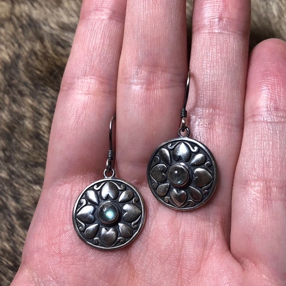 Sterling silver labradorite heart coin earrings